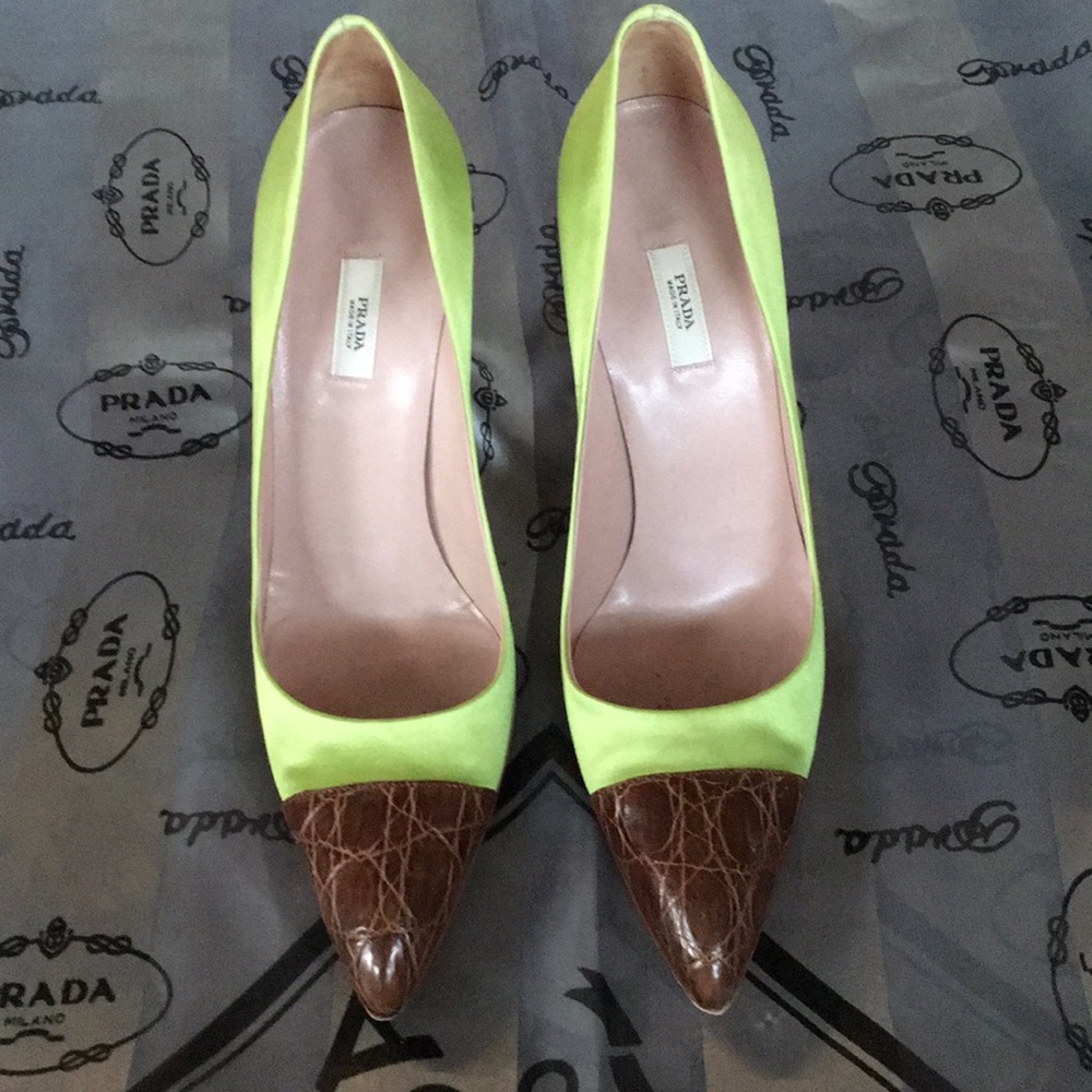 PRADA silk/crocodile Heel/Shoe Sz38 Green/Br